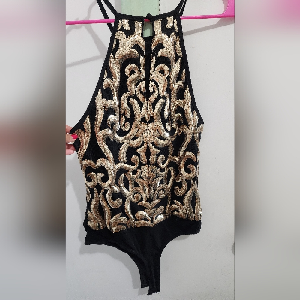 Lulus Medium Black & Gold Sequined Bodysuit